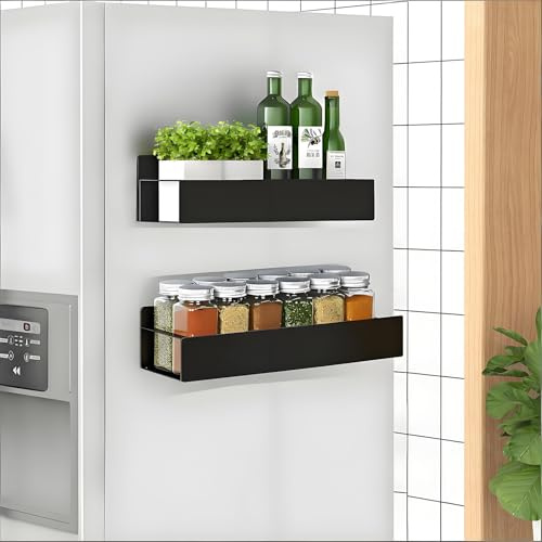 RichinMor Étagère Magnétique Frigo, Lot de 2 Etagere Aimantée pour Frigo avec 4 Crochets, Métal Porte Épices Magnétique Range Epices Aimanté pour Rangement et Organisation de la Cuisine, Noir
