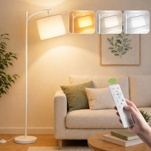 Torkase LED Bogenlampe Wohnzimmer, Dimmbare Stehlampe mit Stoffschirm, Retro Stehleuchte 2700K-6500K, 4 Farbtemperaturen & 10%-100% Helligkeit, Leselampe mit Pedalschalter Weiß