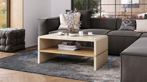Rock Couchtisch Beige Hochglanz / Eiche Artisan 110x60cm mit praktischer extra Ablage modern stabil vielseitig als Wohnzimmertisch Beistelltisch Sofatisch zeitloses Design platzsparend Wohnzimmer