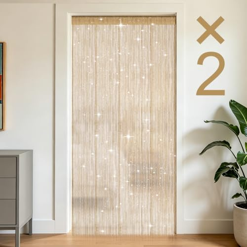 OFFCUP 2 Pack String Door Curtains, 100 x 200cm String Doorways Divider | Glitter Retro Tassel Doors Doorways Dividers, Fly Insect Bug Screen Window Curtain Panel Party Decorations (Gold)