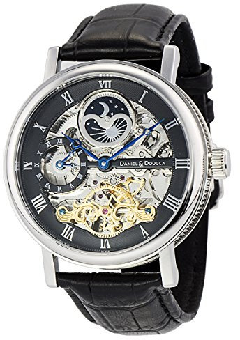 DANIEL&DOUGLAS(ダニエルアンドダグラス) Watch DD8806 Analog Automatik Mechanische Armbanduhr Skelett Marke Schwarz Silber Herren, Schwarz