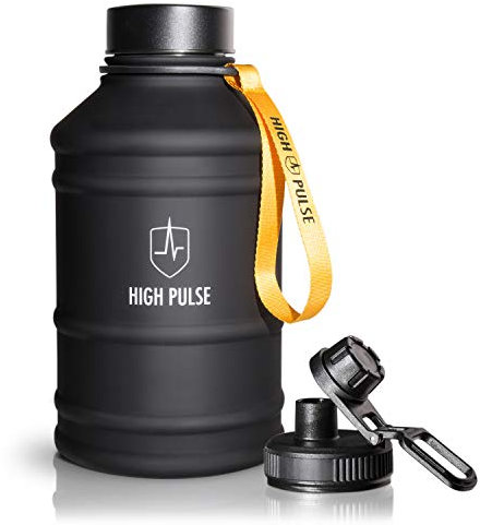 High Pulse® Water Jug aus Edelstahl mit Trinkaufsatz + Verschlusskappe (2,2 l) – Auslaufsichere Trinkflasche für Ihr Fitness- und Krafttraining – 100% BPA-frei und Kohlensäure geeignet (Schwarz)