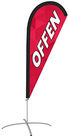 Beachflag - Offen versch. Farben ✓ versch. Halterungen ✓ Tropfenform ✓ Höhe 2,04 m ✓ Indoor & Outdoor (mit Kreuzfuß, Rot-Weiß)