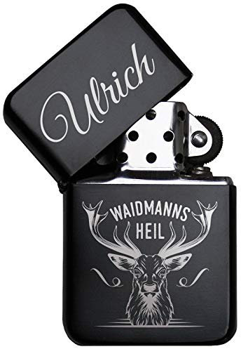 Pixelstudio Jäger Feuerzeug Waidmannsheil Sturmfeuerzeug mit persönlicher Namens Gravur und Hirsch Geschenk Jagd Jagen Männer Benzinfeuerzeug
