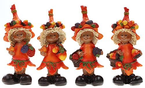 ELLUG 4er Set stehende Wichtel im Blätterkleid mit Eicheln und Früchten mit Eichelhut, Dekoartikel Dekoration Herbst Halloween Deko Figuren aus Kunststein H.:15cm