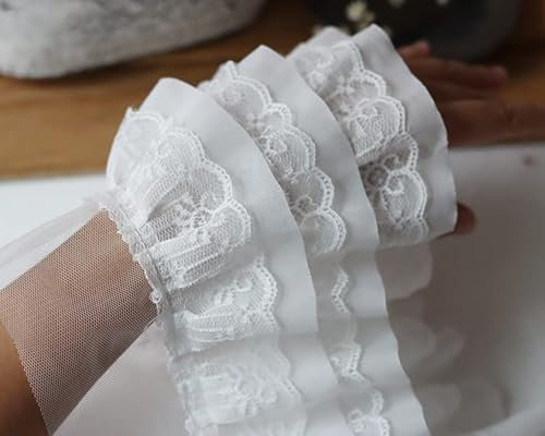 Yulakes 3D-Faltennetz, Chiffon-Stoff, Organza-Spitzenband, bestickt, Rüschen, Spitzenbesatz, DIY, Kleid, Kleidung, Kragen, Nähdekoration, 12 cm breit, Weiß