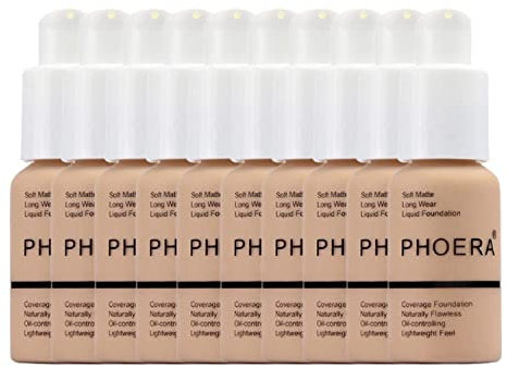Glamza Phoera Foundation Make-up-Set mit vollständiger Abdeckung – 24h haltbare Ölkontrolle – weiche, glatte, matte, makellose Abdeckcreme – inkl 10x30 ml Foundation & Silikon-Blender (104 Buff Beige)