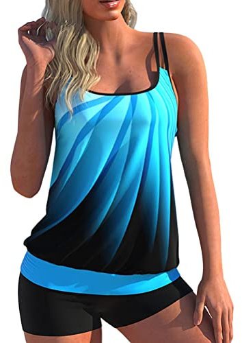 Minetom Tankini Damen Bauchweg Bademode Set Zweiteilig Badeanzug Strand Schwimmanzug Swimsuits Bikini Tank Top Shorts Oberteile und Badeshorts C Blau 3XL