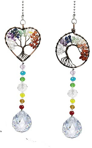 Sonnenfänger zum Aufhängen am Fenster mit Kristall, Baum des Lebens, zum Aufhängen, Regenbogen-Maker-Ornament für den Garten (Heart+Round)