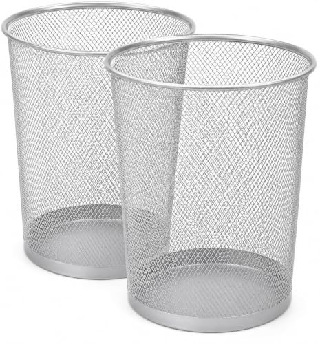 KEPLIN Round Trash Can - 2 Pack Silver Non-slip Mesh Bin, Stylish & Sturdy Metal Waste Paper Bin for Home, Bedroom, Office, Bathroom, Living Room & Kitchen - Indoor Garbage Bins with Sleek Design