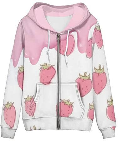 Biyejit Damen Neuheit Print Zip Up Hoodies Langarm Kapuzenpullover Sweatshirt Jacke mit Tasche, Erdbeer-Eis, XXL
