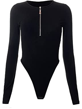 FDEETY Damen Body mit Langarm Rundhalsausschnitt Bodysuit Shirts Stringbody Overall Sexy Elegant Bodysuit Top