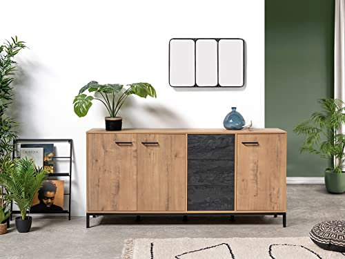 Muebles Pitarch | Aparador Salon Salle à Manger, Buffet, Meuble Auxiliaire Industriel, 3 portes et 3 tiroirs, Noir et Chêne , 85x180x40cm, Cuisine, Bureau, Poignée Push , modèle Paris