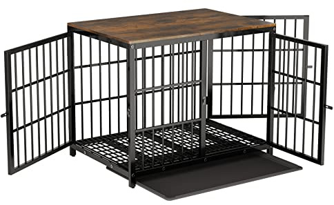 Meuble Cage Chien Bois Intérieur: Table d’Appoint, Niche Moderne pour Chiens, Cage pour Chiots Solide - Maison pour Animaux avec 3 Porte et Plateau Amovible, Marron Rustique 91x63x74cm