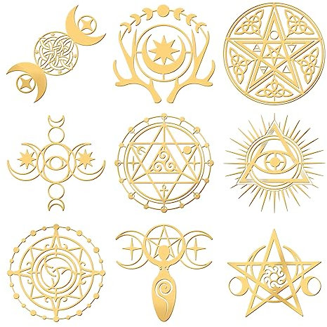 OLYCRAFT 9 Stück 4x4 cm Tarot Themenaufkleber Selbstklebende Metallaufkleber Hexensymbole Wahrsagereiaufkleber Goldene Epoxidaufkleber Für Epoxidharz Kunsthandwerk Wasserflaschendekoration