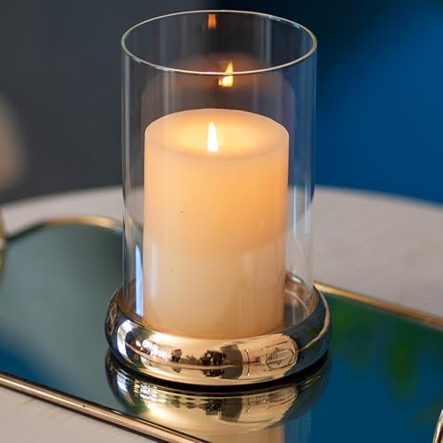 Sziqiqi Bougeoir Support pour Bougies Piliers, Chandelier en Verre Transparent Lanterne avec Bougeoir en Métal, Moderne Photophore pour Salon Maison Table Deco Cadeaux de Noel Mariage, Or