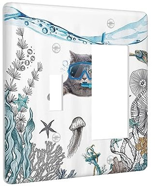 Lustige Katze Blaugrün Blau Meer Ozean 2-Gang Kippschalter Abdeckung Dekorative Tier Octopus Seestern Schildkröte Combin Wandplatten Anker Fisch Nautische Kunst Panel Dimmer Dekor für Schlafzimmer