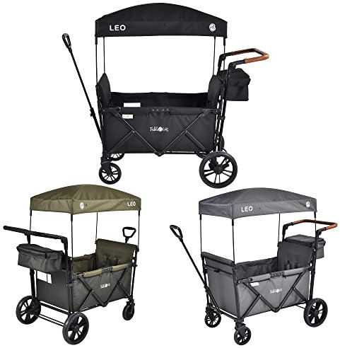 FableKids Bollerwagen Leo X2Lite mit Dach | 2 Sitzplätze | Faltbarer Transportwagen | Hecktasche | 5-Punkt-Gurt | 360° Räder | Fußbremse | inkl.Anti-Staub-Abdeckung | Oxford 600D | Onyx Schwarz