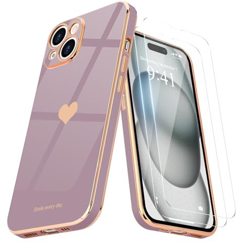 Teageo for iPhone 15 Case with 2 Screen Protector Heart Pattern for Women Girls Luxury Bling Plating Soft TPU Anti-Scratch Shockproof Bumper Phone Case for iPhone 15, Lavender