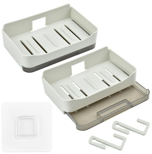 CAREDGO 2 PCS Porte Savon Mural, avec 2 Crochets, Porte-Savons Adhesif Salle de Bain Porte Savon Douche Plastique Plateau à Savon Adhésif Mural Support de Savon de sans Perçage avec Drain(Blanc)