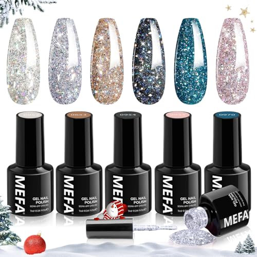 MEFA Gel Nail Polish Set, 6 Colors Glitter Green and Black Silver Spark Polish Set, Soak Off UV for Salon Home DIY for Women