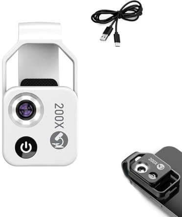 KyneLit NanoZoom 200x Clip sur Smartphone Microscope Lentille - Grossissement Haute Définition avec Lumière LED - Lentille Microscope Numérique Léger et Portable (Blanc)