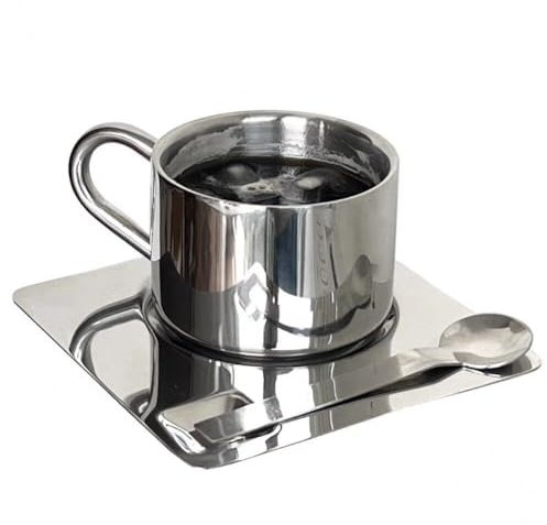 Stainless Steel Coffee Mug Set, Double Wall Coffee Mug with Saucer Cup Spoon Handle European Style Coffee Mug Set Metal Coffee Tea Cup Set
