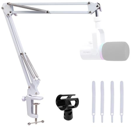 FEELWORLD AMS1 Microphone Boom Arm Adjustable Stand with 3/8” to 5/8” Screw | Compatible with PM1 and other Mics for Podcast Straming Gaming Studio, White
