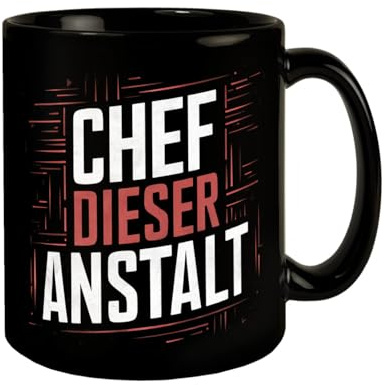 speecheese Chef dieser Anstalt - Schwarzer Kaffeebecher Illustration auf schwarzem Hintergrund Weißer und roter fettgedruckter Text Lustiges Design