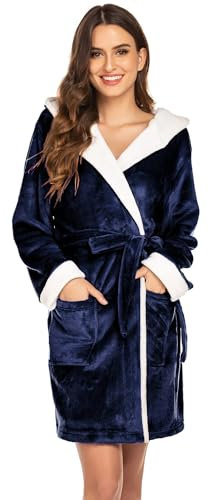 Ekouaer Bademantel Damen Frottee Flauschig Weich Kapuze Knielang Kurz Hausmantel Morgenmantel Fleece Sauna Spa Robe Blau L