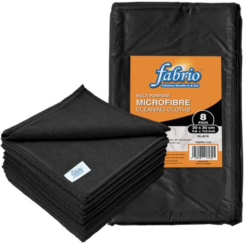 FABRIO Microfibre Cleaning Cloths – Pack of 8, 30x30cm, Ultra-Soft, Lint-Free, Super Absorbent Towels for Kitchen, Car, Glass, and Multi-Surface Cleaning – Black Colour