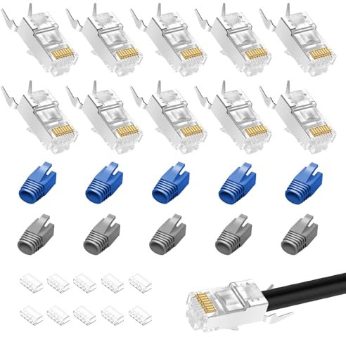 10 Pieces Connecteur RJ45 Cat7 Métalliques Blindés Prise Modulaire, Fiche Pass Through POE, Installation Câble Ethernet, 10 Gbps 600MHz, avec Guide du Fil et Capuchons, Trou de Fil 1.3/1.5mm-Bleu-Noir