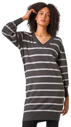 Roman Originals Knitted Jumper Dress for Women UK Ladies Knit Knitwear Autumn Winter Casual Smart Pull On Work Long Sleeves Slouch Relaxed Flattering Over Knee Length V Neck - Charcoal - Size 16