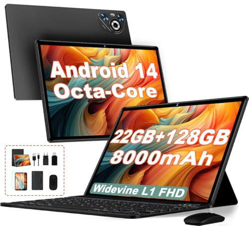 2025 Newest Tablet Android 14 Tablette Tactile, 22Go RAM + 128Go ROM/WIFI 5G+2.4G, 8-Cores, 8000mAh, Widevine L1, BT5.0, 8MP+5MP, GMS Certified/Contrôle parental, Tablette avec Clavier Souris-Noir