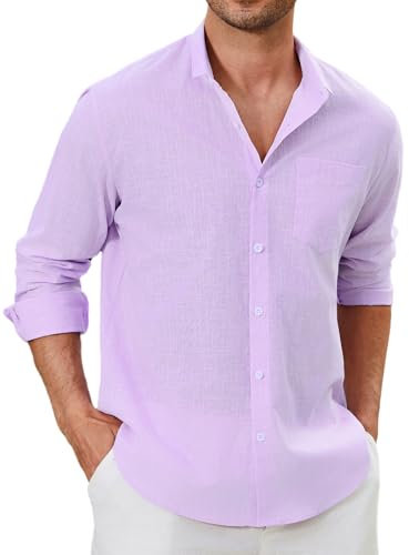 Enlision Light Purple Linen Shirts Men Long Sleeve Shirt Button-Down Lilac Henley Shirts Cotton Casual Summer Shirt Beach Lightweight with Pocket XL
