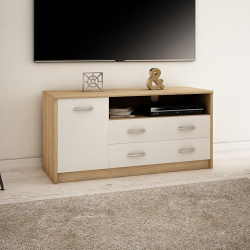 Home Collective TV-Schrank 110cm breit Lowboard in matt Fernsehtisch mit 1 Tür 2 Schubladen und 2 Regalen aus laminiertem Board abgerundete Kante und Metall-Rollschienen Fernsehkommode Sonoma weiß