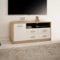 Meuble TV Lowboard de 110 cm de large avec surface mate Table TV avec 1 porte, 2 tiroirs et 2 étagères, en panneau stratifié, bord arrondi et rails à roulettes en métal Commode TV Sonoma blanc