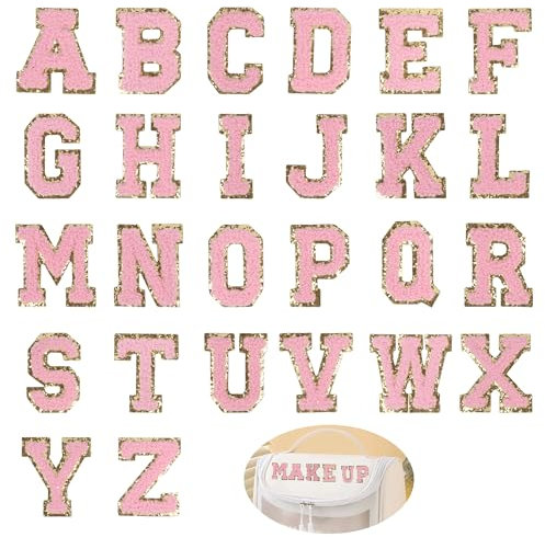 NiCola 26 PCS Self Adhesive Chenille Letter Patches, Iron on Letter A-Z Patches Upper Case English Letters, Iron on Sewing Alphabet Patches for DIY Clothes, Backpacks (Pink, 26 Pcs, 2)