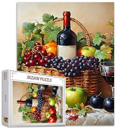 Red Wine Jigsaw Puzzles 1000 Piece for Adults, Families(Wine Bottle,Grape,Apple,Orange,Grape Leaves,Basket) Pieces Fit Together Perfectly 19.7''x27.6''inch Fruit Performance Frameable Magic Puzzle Art