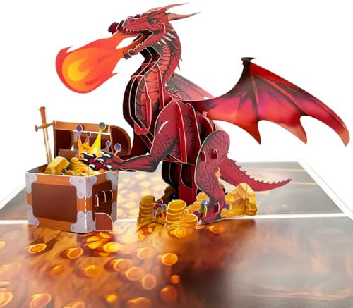 Hierein Geburtstagskarte Pop Up, Drache und Schatzkiste Pop Up Karte Geburtstag mit Umschlag, 3D Personalisiert Geburtstagskarte Mann für Junge Kinder Familie Freund, Dragon Fire Grußkarten