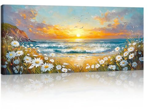Grande Cadre Bois Impression Sur Toile Paysage Marin Bleu Image Sur Toile Peintures Fleurs Sauvages Mer Vague Coucher Soleil Sur Toile Mural Tableau Decor Murale Salon Chambre prêt accrocher 50x120cm