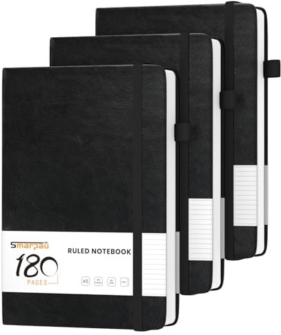 Smarpau 3 Stück Notizbuch A5, Hardcover mit 80gsm 180 Seiten Dickes Papie, Tagebuch Leder, Notizblock für Erwachsene Arbeit, Schreiben, Notizen, Lernen, Reisen, 14.5 x 21 cm-Schwarz
