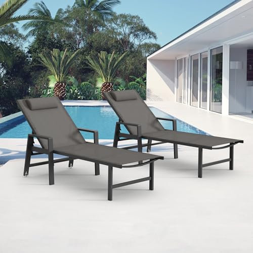 Melko Aluminium Gartenmöbel Set Sonnenliege 2 Stück wetterfest mit Rollen, 5-Fach verstellbare Rückenlehne INKL: Balkontisch Gartentisch Gartenliege 200 kg belastbar