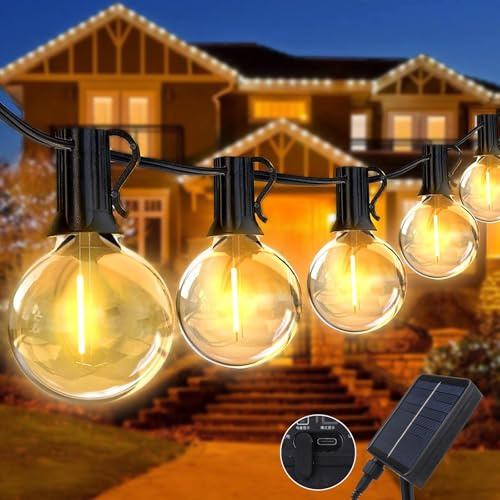 WoskjXas 12M LED Außen Lichterkette Glühbirnen Solar Lichterkette Außen Wetterfest mit 20 Warmweiße G40 Glühbirnen Lichterkette Außen Strom für Christmas Party Camping Balkon