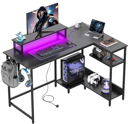 DEVAISE Corner Desk with Drawers, Power USB Charging Outlet, Shelf, Storage L Shaped Desk for Home Office