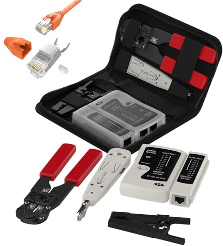 RedStar24 Netzwerk-Werkzeugset 4-in-1 mit 10x CAT 7 RJ45 Stecker – RJ45 Crimpzange, LSA Auflegewerkzeug, LAN Netzwerktester & Abisolierer – Kabeltester Set für RJ45, RJ11, CAT7, CAT6 – inkl. Tasche
