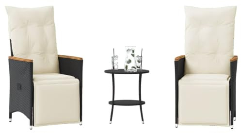 Tonture 3-TLG. Bistro-Set mit Kissen, Schwarz Poly Rattan, verstellbare Relaxsessel, runder Tisch, UV-beständig, für Garten, Balkon, Terrasse, Außenbereich