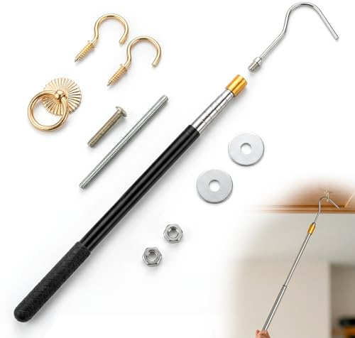 Attic Pull-Down Hook, Attic Ladder Pull System kit with Extension Rod and Copper Storage Hook Handle, Loft Ladders Pull Down Hook Pole Set for Home Hotel Apartment