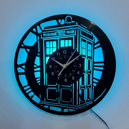 inthetime LED Vinyl Wanduhr mit Polizeibox Motiv | Schallplatten Wanduhr, mit Hintergrundbeleuchtung, Sci-Fi Deko, Geschenk für Fans von Nostalgie-Design