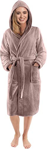 NY Threads Vestaglia da donna con cappuccio, morbida e soffice per il sonno e il relax, Piccolo, Taupe